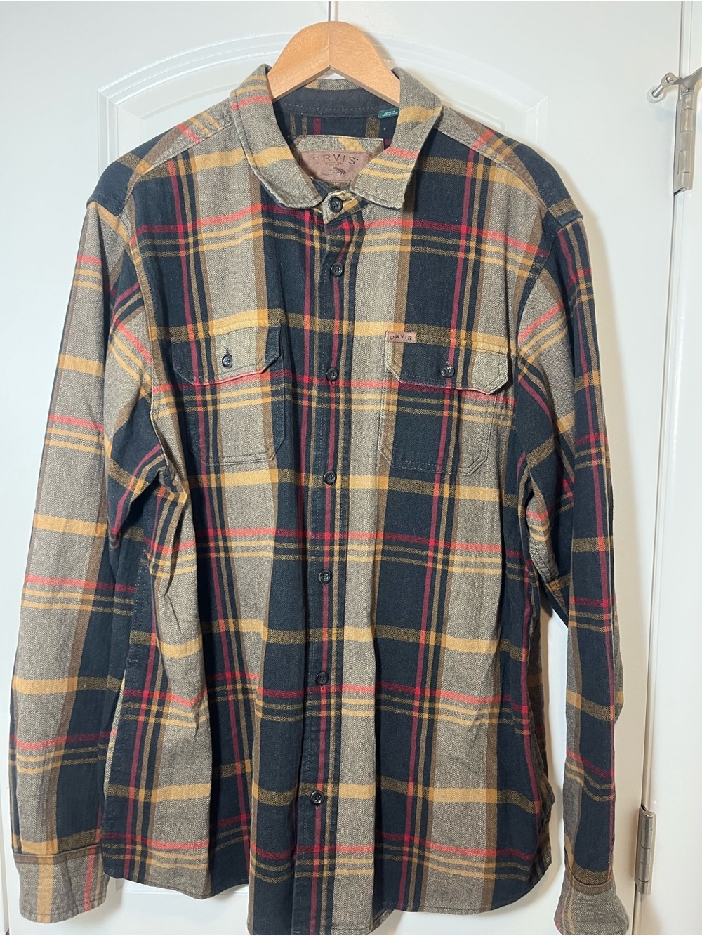 Orvis Herringbone & Plaid Flannel Shirt in Gray, Yellow & Red